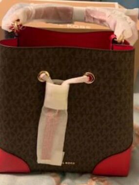 Michael Kors Brown Logo Bucket Bag with Red Trim